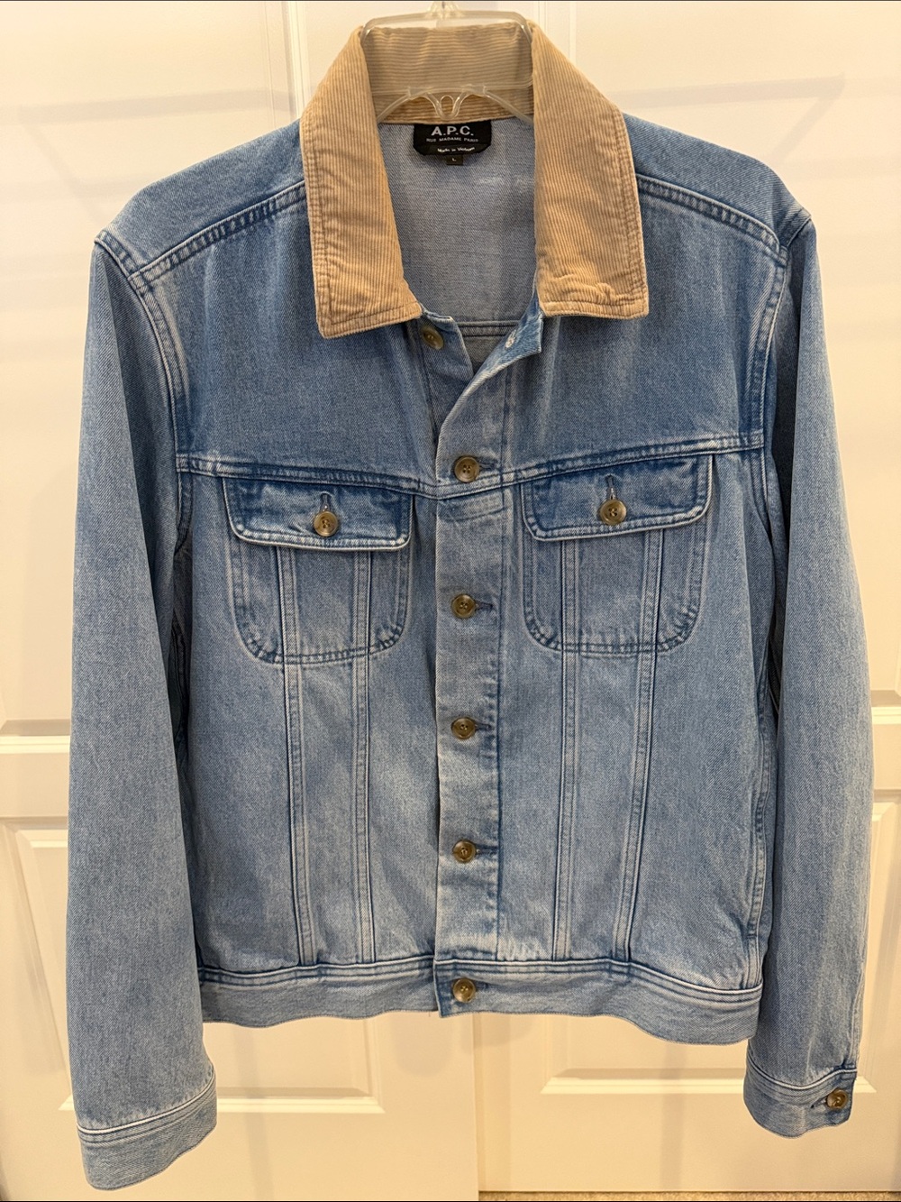 A.P.C. Rue Madame Paris Light Blue Denim Jean Jacket with Tan Corduroy Collar